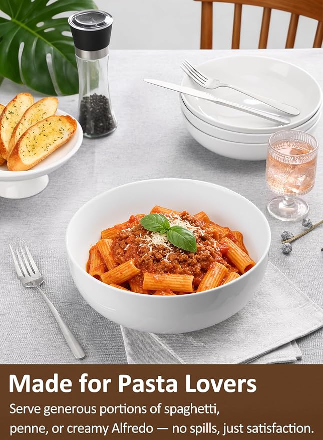 Pasta Serving Bowls 120 Ounce 9.7” Large Serving Bowls, Porcelain Salad Bowls for Kitchen, Big White Soup Bowls, Oven Dishwasher Safe, Set of 2 | Smooth Glaze, Easy-Clean, Stackable, Oven/Microwave/Dishwasher/Freezer Safe, Deep enough for Soup, Fruit, ...