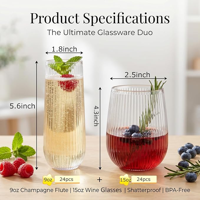 Lueumxc 48 Pack Plastic Wine Glasses Disposable Ribbed Champagne Flutes, 24 Pcs 9 OZ Stemless Champagne Flutes & 24 Pcs 15 OZ Disposable Wine Glasses, BPA-Free