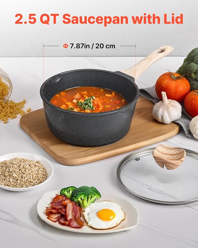 VEVOR 2.5 QT Saucepan, Nonstick Saucepan with Tempered Glass Lid, Multipurpose Cooking Sauce Pot with Detachable Handle, Sauce Pan Small Kitchen Cooking Pot with Coating, Induction Compatible, Black