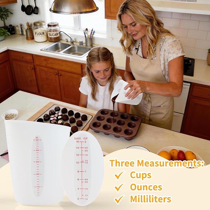 Food-Grade Silicone Chocolate Melting Cup Set with 3Pcs BPA Free Silicone Measuring Cups (1/2Cup/1Cup/2Cup) and 3Pcs Heat-Resistant Jar Spatulas, Non-Stick Baking Supplies for DIY Chocolate