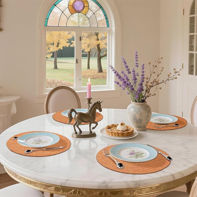 Cotton Linen 15 Inch Round Cloth Place mats, Set of 4, Orange | Washable Table Mats, Heat Resistant, Reversible, Wipeable Place Mats for Indoor Outdoor