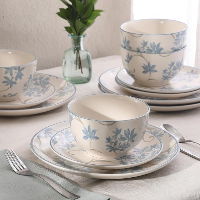 Gibson Home Admiral Hall 12-Piece Matte Stoneware Dinnerware Set – Dinner Plates, Salad Plates & Bowls with Blue Floral Pattern, Durable Everyday Dish Set, Microwave & Dishwasher Safe