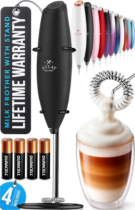 Zulay Kitchen Powerful Milk Frother Wand With Duracell Batteries - Ultra Fast Handheld Drink Mixer - Electric Whisk Foam Maker for Coffee, Lattes, Cappuccino & Matcha - Z1 Motor - Executive Black