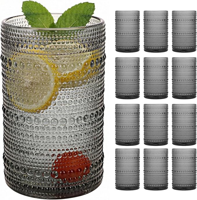 Moretoes 12 Pack 12 Oz Gray Hobnail Drinking Glasses Set,Water Glass Cups | Highball Glasses Embossed Boho Kitchen Bar Tumbler Glassware Set for Whiskey, Beer, Juice, Milk and Various Mixed Drinks
