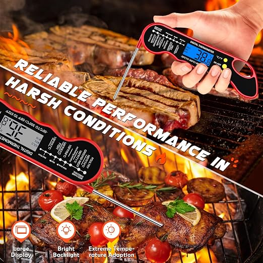 TRAUSI Instant Read Meat Thermometer, Fast & Accurate Digital Food Thermometer with Backlight, Waterproof & Magnet for Grilling, Cooking, BBQ, Smoker, Baking, and Candy Making Red