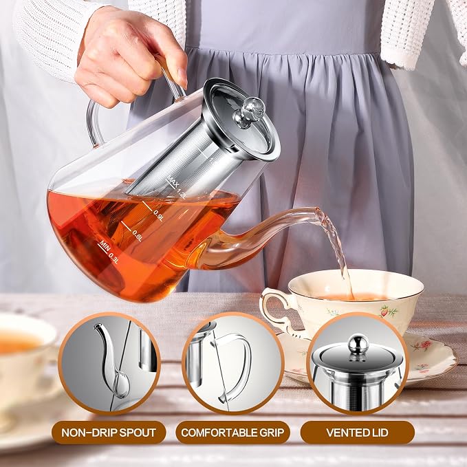 1500ml Glass Teapot, Large Tea Pot with Infuser for Loose Tea and Blooming Tea, Stovetop Safe Tea Kettle, Hand Crafted Borosilicate Glass Tea Maker with Scale Line, Tea Gift Set for Tea Lovers