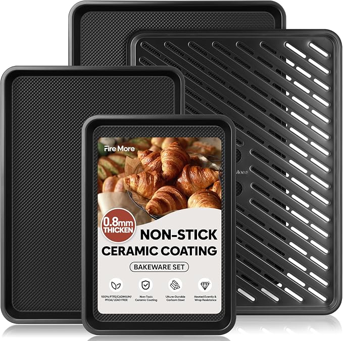 Nonstick Baking Sheet Set with Cooling Rack, 4-Piece Cookie Sheets for Baking, 0.8mm Heavy Duty Carbon Steel Oven Pans, Ceramic Coated Half Sheet, Jelly Roll Pan & Quarter Sheet, PFOA/PTFE Free