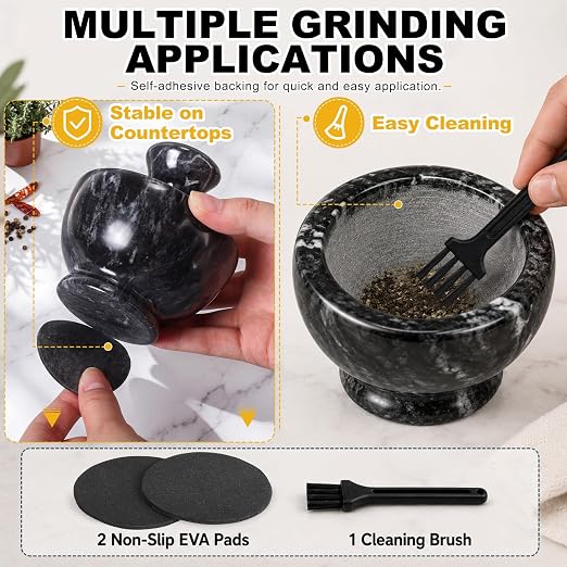 Hushee Marble Mortar and Pestle Set 3.74 Inch 1/2 Cup Stone Grinder with Mushroom Pestle Brush and Non Slip Pads Small Spice Grinder Pill Crusher for Herbs Garlic Spices Kitchen Tool