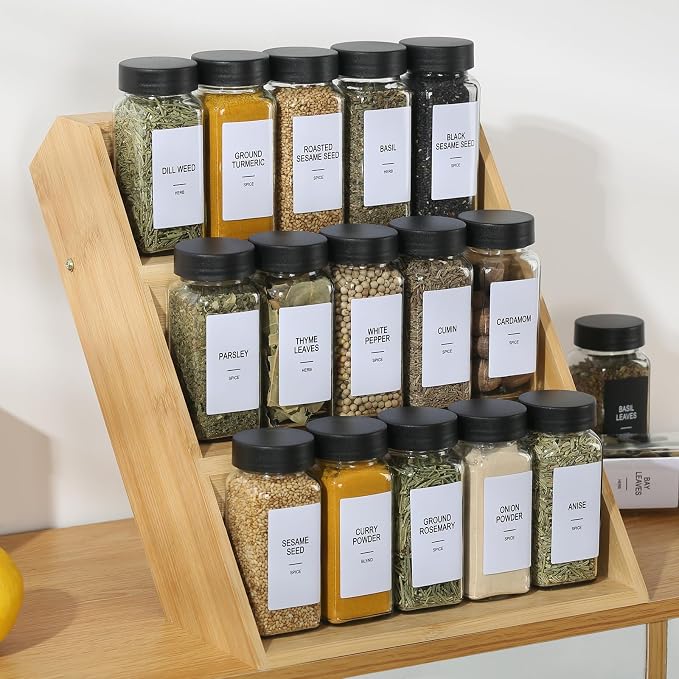 48 Glass Spice Jars with Labels, 4oz Spice Containers with Airtight Lids | Black Square Seasoning Containers with Shaker Lids, Empty Spice Bottles for Rack, Kitchen Drawer, 492 Labels, 1 Funnel