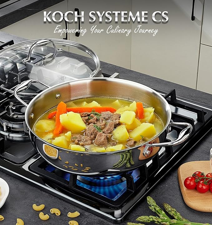 KOCH SYSTEME CS Tri-Ply Stainless Steel Saute Pan with Lid, 12 Inch Deep Frying Pan with Double Handles, 6 Quart 18/10 Stainless Steel Pan, Large Skillet, Induction Compatible, Oven Safe, Non Toxic