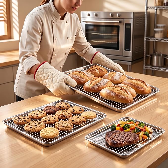 Homikit Baking Sheet with Wire Rack Set (3 Pans + 3 Racks), 16/12/9 Inches | Stainless Steel Sheet Pans with Cooling Racks for Oven, Heavy Duty Metal Cookie Bacon Baking Trays Non Toxic, Dishwasher Safe