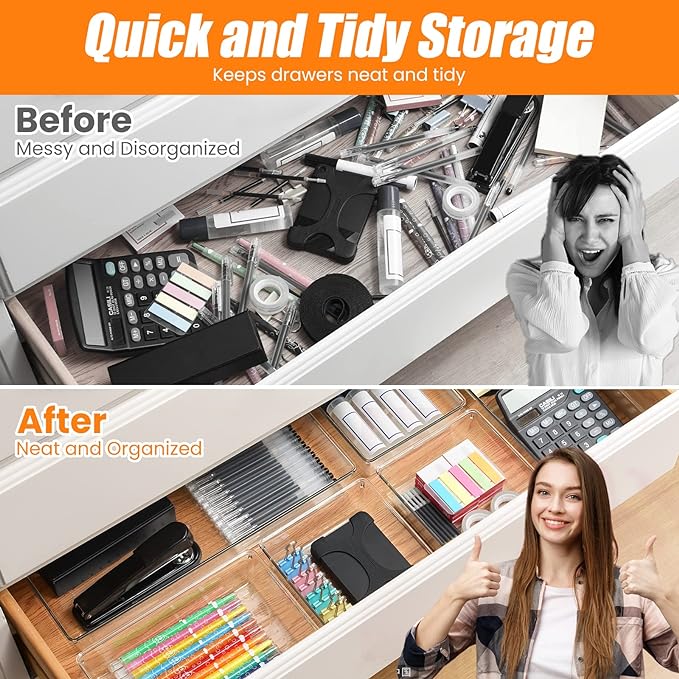 22 Pcs Drawer Organizer Bins, Acrylic Non Slip Kitchen Drawer Organizers Storage Tray Divider, Multifunctional Storage for Cosmetics, Bathroom, Tools, Kitchen and Office