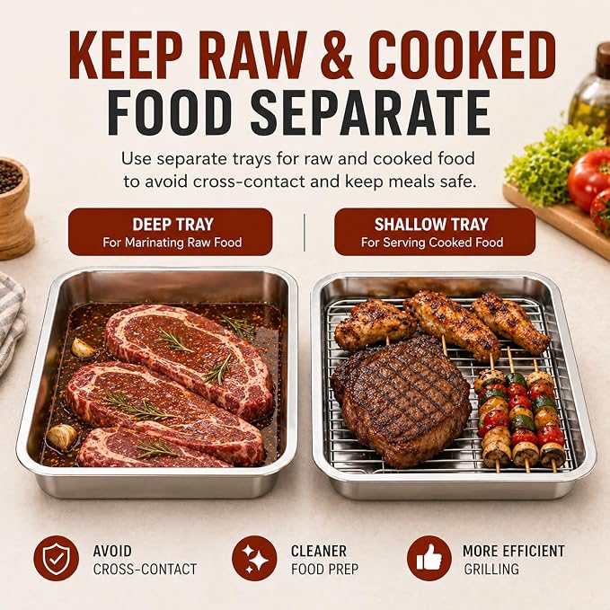 Grill Prep & Serve Tray Set with Lids 5-Piece Grill Carry System | Food Prep System for Marinating, Carrying & Serving, Stainless Steel BBQ Trays for Raw & Cooked Food Separation