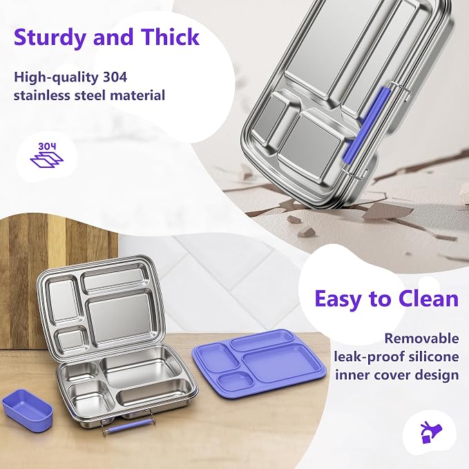 Stainless Steel Bento Lunch Box for Kids & Adults, 4 Compartment Kids Lunch Box, Metal Bento Box with Silicone Container and Stainless Steel Sauce Container,BPA-Free,School,Office(Purple)