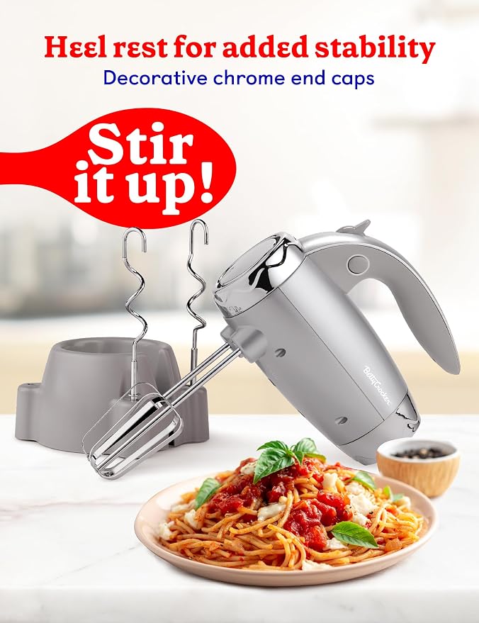 Betty Crocker 7-Speed Power-Up™ Hand Mixer with Stand, BC-4208S, Silver | 300 Watt Electric Mixer with Beaters and Dough Hooks, Ergonomic Electric Hand Blender for Home & Kitchen with Stand