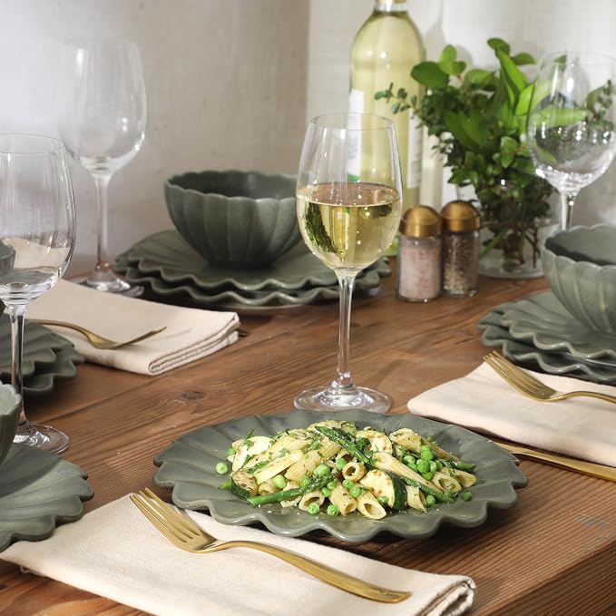 Gibson Elite Bistro Fleur Plates and Bowls Sets, 12-Piece Stoneware Dinnerware Set for 4, Matte Green Scalloped Dish Set with Dinner Plates, Salad Plates & Bowls