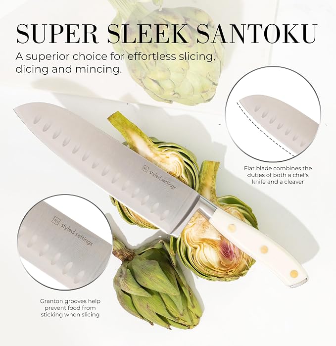 Styled Settings White Knife Set with Block and Sharpener, 14-Piece | Ultra-Sharp High Carbon Stainless Steel Knives with Gold Triple Rivet White Handles and Ashwood Knife Block