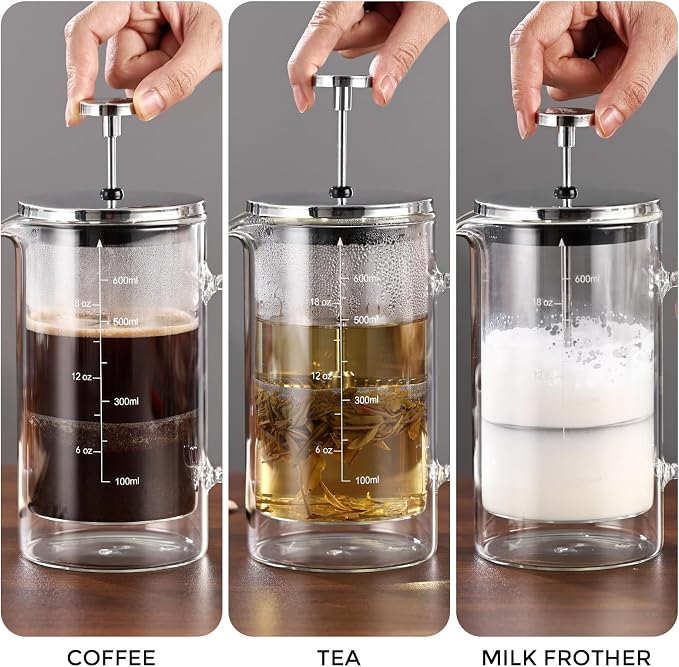 Bincoo French Press Coffee Maker 600ML,Double Wall Insulated Borolicate Glass French Press for Tea and Frothed Milk Press