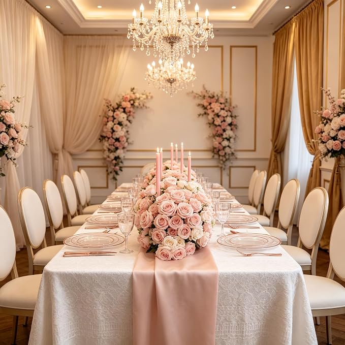 GATHER 350PCS Clear Rose Gold Plastic Plates for Wedding and Party | Rose Gold Disposable Dinnerware include 100 Plastic Plates, 150 Silverware, 50 Napkins, 50 Cups for Baby Shower Bithday