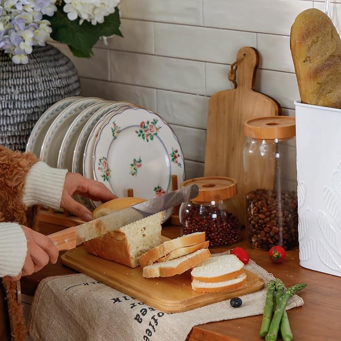 Extra Large Plant Pattern Embossed Bread Box with Bamboo Lid | Corner Breadbox for Homemade Bread, White Metal Bread Storage Container Bin for Kitchen Countertop, Fits 2 Loaves of Bread
