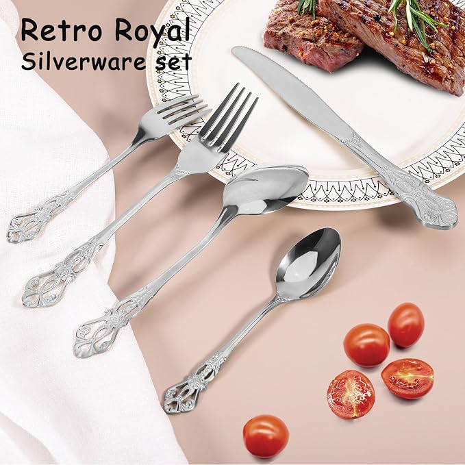 Silverware Set for 12, Stainless Steel Gorgeous Retro Royal Flatware Set, 60-Pieces Cutlery Tableware set, Kitchen utensils set Include Spoons And Forks Set, Mirror Finish, Dishwasher Safe