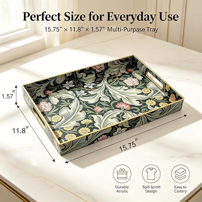 Sooyee Acrylic Serving Tray with Handles,Green Valley | Coffee Table Trays, Ottoman tray for Living Room, Bathroom, Ottoman Coffee Table, Home Decorative Tray