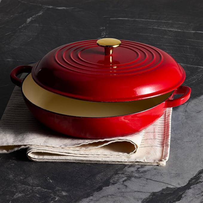 CAROTE 3.4QT Enameled Cast Iron Braiser Pan, Shallow Dutch Oven Casserole Skillets, Non-Toxic Cast Iron Pot with Lid for Grilling, Searing, Baking, Dual Handles, All Stovetop Compatible, Red