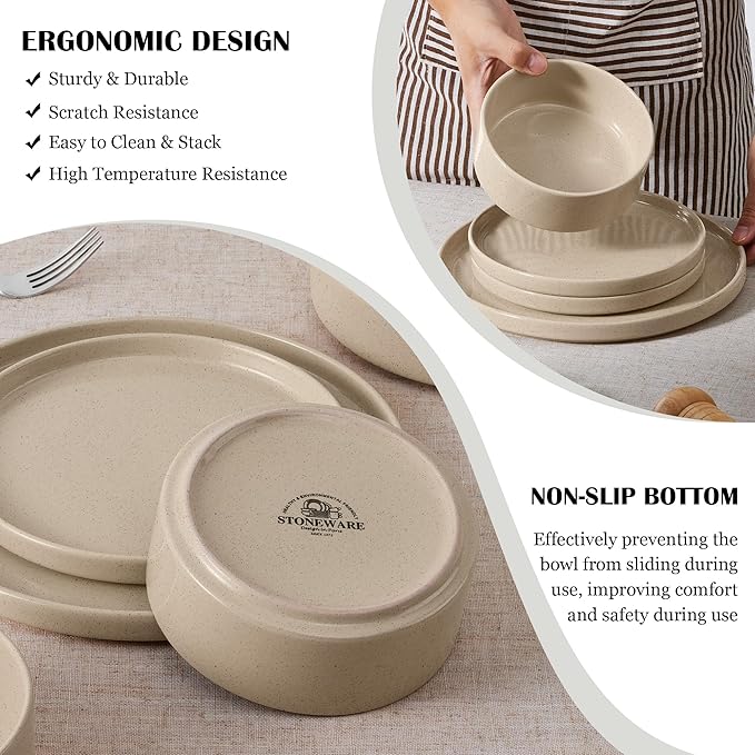 E-far Dinnerware Sets for 6, 18-Piece Stoneware Plates and Bowls Set, Khaki | Modern Kitchen Dining Dishware, Chip and Scratch Resistant, Microwave & Dishwasher Safe, Speckled Khaki