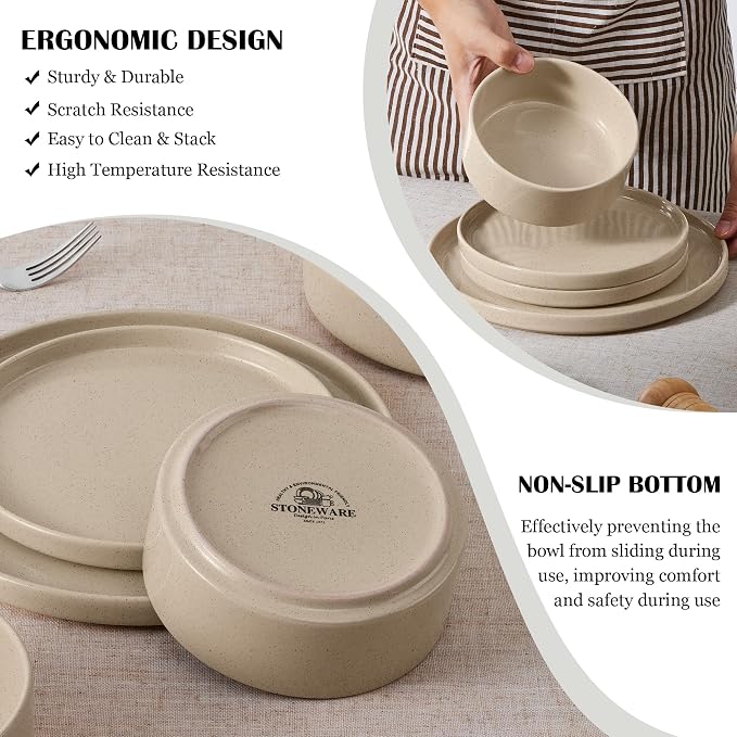 E-far 6-Piece Stoneware Dinnerware Sets, Plates and Bowls Set for 2, Khaki | Kitchen Modern Dishes Set for Everyday & Formal, Chip and Scratch Resistant, Microwave & Dishwasher Safe, Speckled Khaki