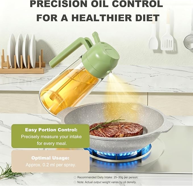 Pure Future 2-in-1 Olive Oil Sprayer for Cooking - 16oz/470ml Glass Oil Dispenser Bottle with Portion Control, Refillable Mister for Air Fryer, BBQ, Salad, Grilling, Food-Grade & BPA-Free (Green)