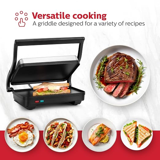 Holstein Housewares Electric Griddle for Toasting Sandwiches, Various Snacks - Black/Stainless Steel (260 x 170mm)