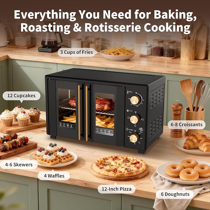 VBGK French Door electric Knob Oven, 35 QT Extra Large Oven,18-Slice Convection Oven3-Control Knobs, Bake Broil Toast Grilled Meat Keep Warm, black Metal,Equipped with a tray and a rack.