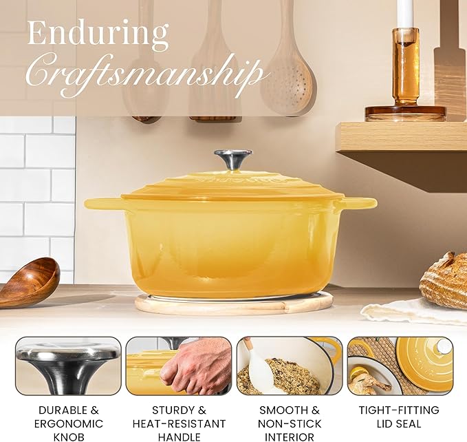 Nuovva Enamelled Cast Iron Dutch Oven Pot with Lid 6.4 Quart Non Stick Casserole Pot-Heavy Duty & Oven Safe up to 500° F for Bread Baking, Braising, Stews, Roasting - 28cm Yellow