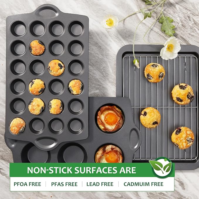 Mini 24 Muffin & Cupcake Pans with 240 Liners, Nonstick, Non-toxic | Heavy-duty Small Cheesecake Tray with Ear Shaped Wider Grips, 1.8dia, Grey, Premium