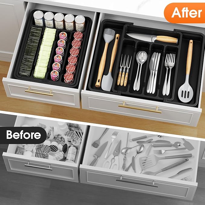 SpaceHacks Silverware Organizer，Adjustable & Expandable Drawer Organizer | Utensil Drawer Organizer, BPA Free Utensil Holder, Cutlery Tray for Forks, Spoons, Knives in Kitchen, Medium, Black