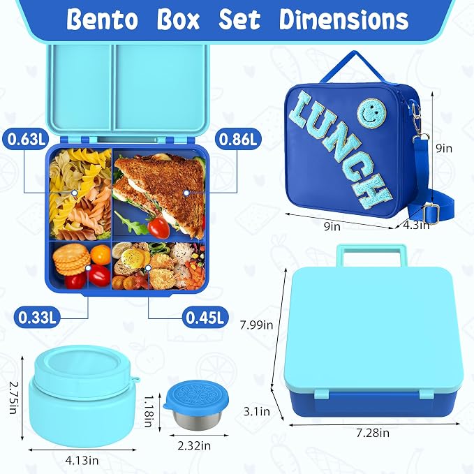 Aimsnk Kids Lunch Box with Thermo Insulated Lunch Bag for School, Blue | Kids Bento Lunch Box with 8oz Food Jar, Leak Proof Hot Soup Lunch Containers with 4 Compartment, Warm Lunchbox for Toddler