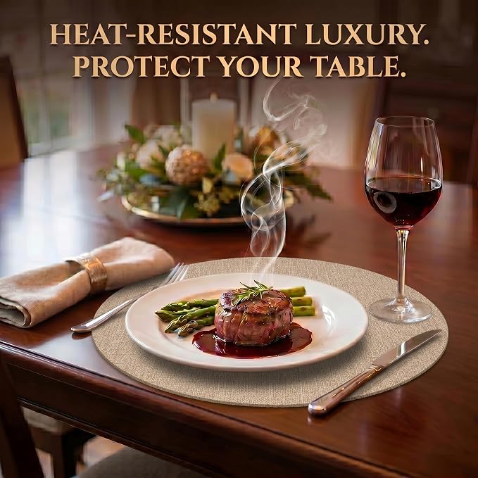 Faux Leather Placemats Set of 4, Wipeable Waterproof Stain Resistant Table Mats, Heat Resistant Thick Placemats with Hand-Painted Edges for Kitchen Dining, Imitative Linen Texture, Various Shapes