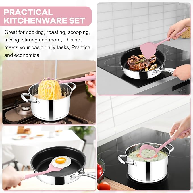 TeamFar Silicone Cooking Utensils Set, 8 PCS Kitchen Utensils Set, Pink | 446°F Heat Resistant Turner, Spatula, Spoon, Whisk, Kitchen Cooking Gadgets Tools, for Nonstick Cookware, Dishwasher Safe