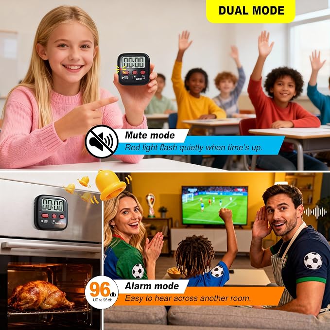 2 Pack Digital Timer for Kids Classroom Kitchen Timers for Cooking | w/ Battery, Easy to View, Alarm, Mute Mode, Count Down/Up, Magnetic, Kickstand, Hanging, Classroom Timer for Teacher Supplies