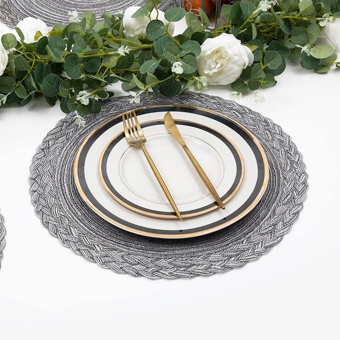 SHACOS Round Placemats Set of 6 Woven Round Table Mats 15 inch Braided Border Washable Cotton Polyester Circle Place Mats, Gray