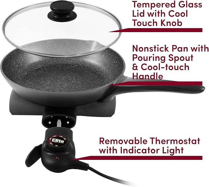 Elite Gourmet EG6207# Non-Stick Electric Skillet, Pour Spout, 2Qt, Black | Scratch-Resistant Surface, Dishwasher Safe, Vented Glass Lid, Small 10.5-Inch Adjustable-Temp Design