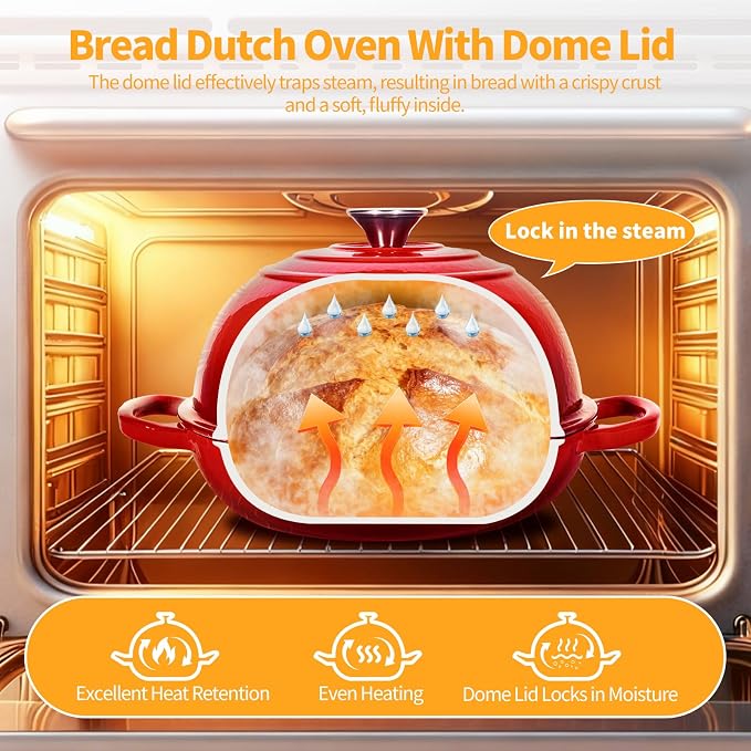 6QT Enameled Cast Red Iron Dutch Oven For Sourdough Bread Baking | Dutch Oven Pot With Lid,Non-stick Sourdough Baking Pan with Bread Dome,Round Ceramic Dutch Oven Pot for Homemade