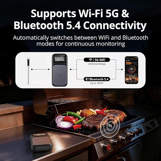 INKBIRD WiFi 5G Wireless Meat Thermometer Digital, 4 Sensor Smart Bluetooth Digital Food Thermometer, NIST Approved Accuracy 0.5°F, Temp Alarms for Rotisserie Air Fryer Sous Vide Grill Oven BBQ