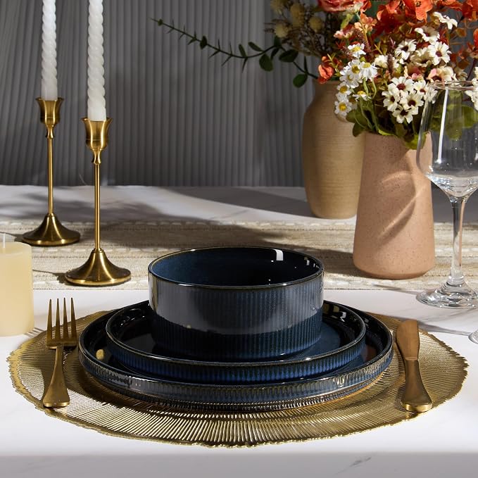 E-far Stoneware Dinnerware Sets, 18-Pieces Plates and Bowls Sets, Chip & Scratch Resistant Ribbed Dishes Set for 6, Modern Kitchen Dinning Porcelain, Dishwasher & Microwave Safe, Midnight Blue