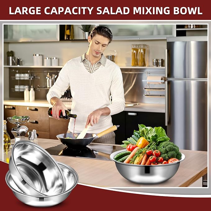 10 Pcs Stainless Steel Mixing Bowls Metal Mixing Bowls Extra Large Basin Salad Bowl with Deeper Edge, Dishwasher Safe, Mirror Finish for Home and Commercial, Silver (13 Inch 7 Qt)