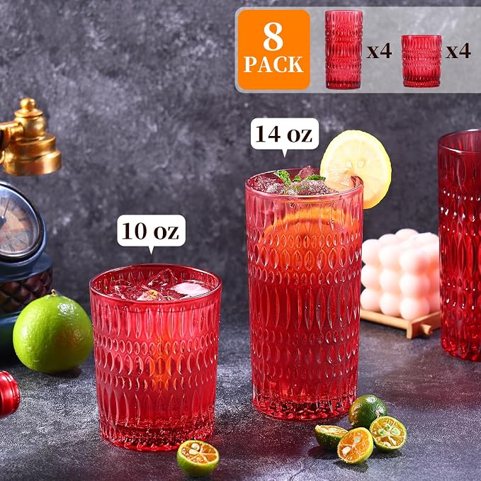 Loivttvv Glassware Drinking Glasses Set of 8, 14 oz Highball Glasses & 10 oz Ribbed Glass Cups, Vintage Glassware for Water, Juice, Cocktail (Christmas Red)