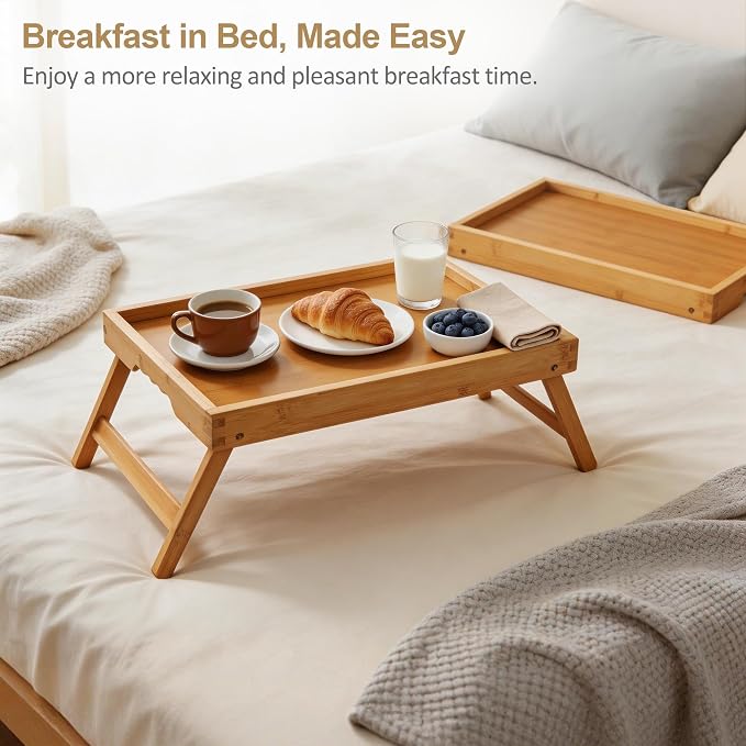 Bamboo Breakfast Trays with Folding Legs, 3 Pack, Large, Natural | 3 large natural bamboo breakfast trays with folding legs, raised edges and side grips for meals, laptops, snacks and serving.