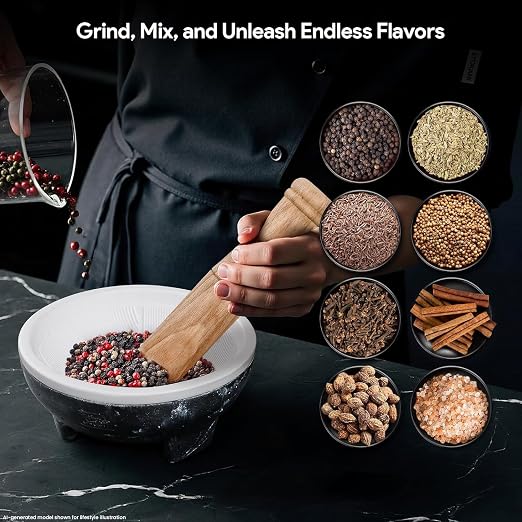 No Rock Powder 2 Cup Mortar and Pestle Set with Silicone Covers, 6.5 Inch World's 1st Lightweight Molcajete Mexicano with Grinding Ridge, High Efficiency for Guacamole, Spice and Herb, Gift