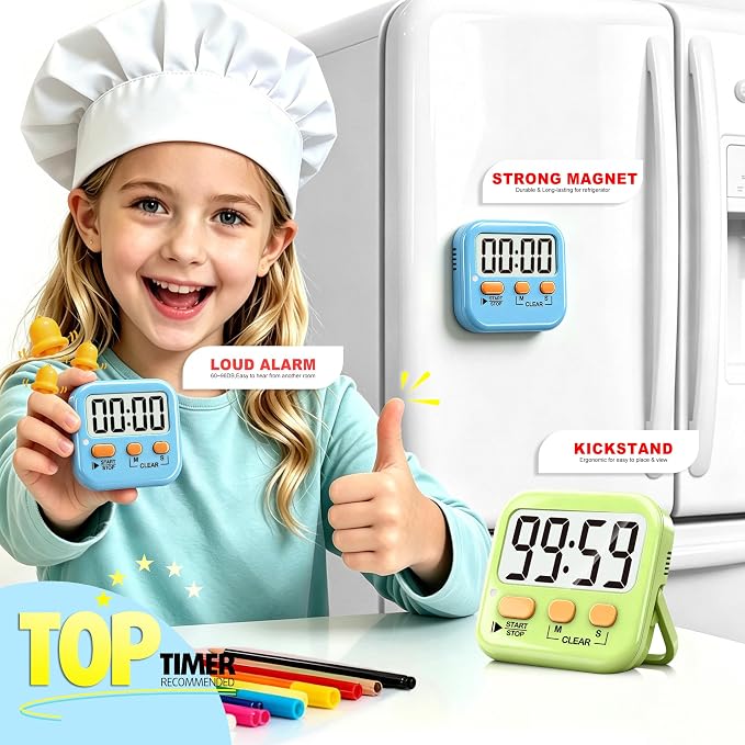 2 Pack Digital Timer for Kids Classroom Kitchen Timers for Cooking | w/ Battery, Easy to View, Alarm, Mute Mode, Count Down/Up, Magnetic, Kickstand, Hanging, Classroom Timer for Teacher Supplies