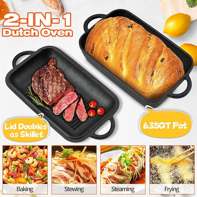 Oval Cast Iron Dutch Oven for Bread Baking, 6.35Qt Bread Baking Pan with Lid, Multi-Functional Dutch Oven Pot with Bread Baking Supplies for Bread Baking, Frying and Braising